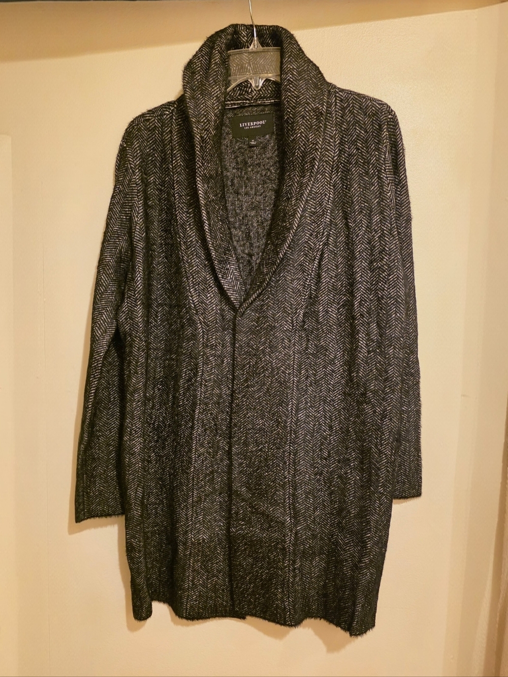 Liverpool Herringbone Shawl Collar Coatigan - Black & Gray